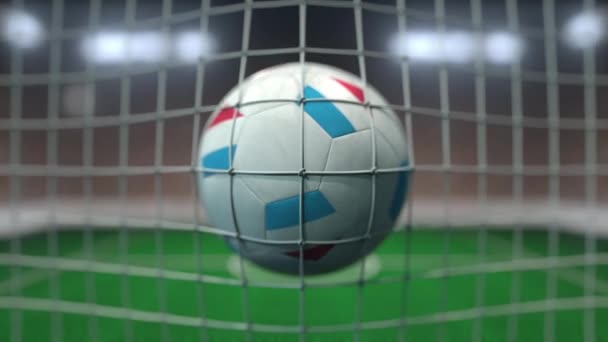 Football with flags of Luxembourg hits goal net. Slow motion 3D animation — ストック動画