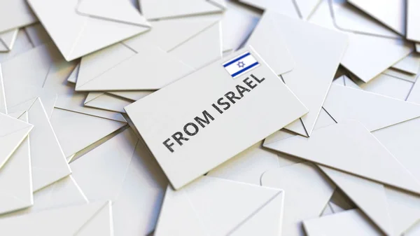 Kuvert med Från Israel text på hög med andra kuvert. Internationell postrelaterad konceptuell 3d-återgivning — Stockfoto