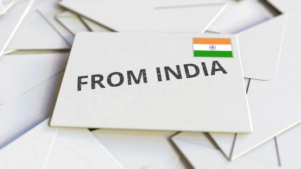 ซองจดหมายที่มีข้อความจากอินเดียบนกองซองอื่น ๆ การแสดงผล 3 มิติที่เกี่ยวข้องกับจดหมายระหว่างประเทศ — ภาพถ่ายสต็อก