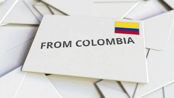Letter with From Colombia text on pile of other Letters. International mail related conceptual 3D rendering — Stock Photo, Image