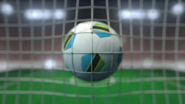 El fútbol con banderas de Tanzania golpea la red de goles. Animación en cámara lenta 3D — Vídeo de stock