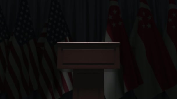 Bandiere degli Stati Uniti e Singapore e tribuna del podio dei relatori. Manifestazione politica o negoziati relativi all'animazione concettuale 3D — Video Stock