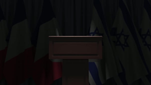 Banderas de Francia e Israel y tribuna altavoz podio. Evento político o negociaciones relacionadas con la animación conceptual 3D — Vídeos de Stock