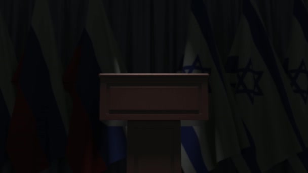 Banderas de Rusia e Israel y tribuna altavoz podio. Evento político o negociaciones relacionadas con la animación conceptual 3D — Vídeos de Stock