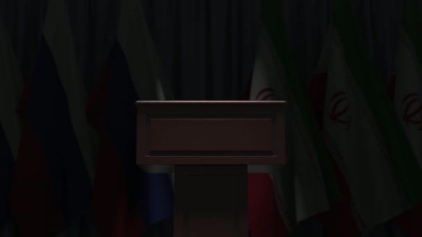 Flags of Russia and Iran and speaker podium tribune. Political event or negotiations related conceptual 3D animation — Stock Video