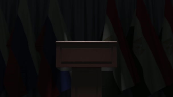 Vlajky Ruska a Egypta a mluvčí tribuna pódia. Politická událost nebo vyjednávání související konceptuální 3D animace — Stock video