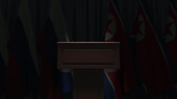 Flagi Rosji i Korei Północnej oraz trybuna podium mówców. Impreza polityczna lub negocjacje związane z konceptualną animacją 3D — Wideo stockowe