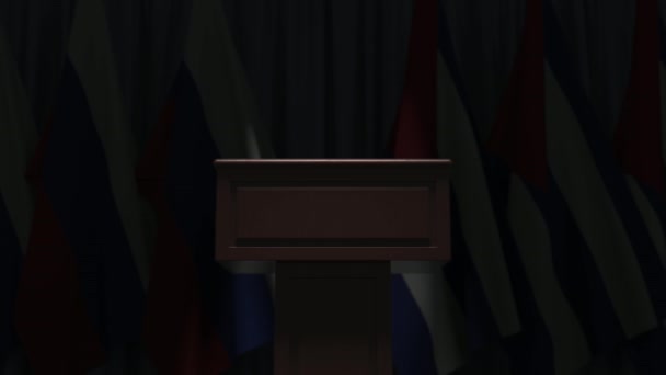 Banderas de Rusia y Cuba y tribuna del podio del altavoz. Evento político o negociaciones relacionadas con la animación conceptual 3D — Vídeo de stock