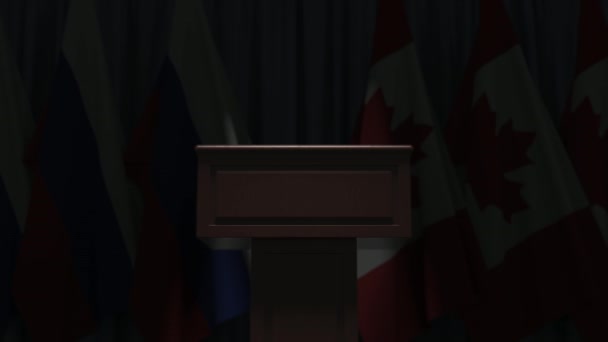 Flags of Russia and Canada and speaker podium tribune. Political event or negotiations related conceptual 3D animation — Stock Video