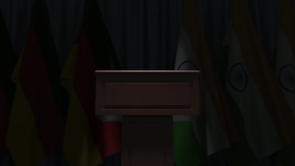 Banderas de Alemania e India y tribuna del podio del altavoz. Evento político o negociaciones relacionadas con la animación conceptual 3D — Vídeos de Stock