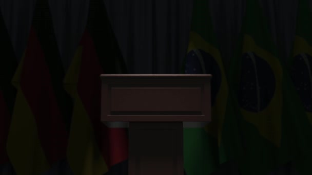 Flagi Niemiec i Brazylii oraz trybuna podium mówców. Impreza polityczna lub negocjacje związane z konceptualną animacją 3D — Wideo stockowe