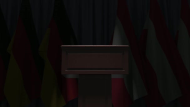 Drapeaux de l'Allemagne et de l'Autriche et tribune haut-parleur podium. Evénement politique ou négociations liées à l'animation 3D conceptuelle — Video