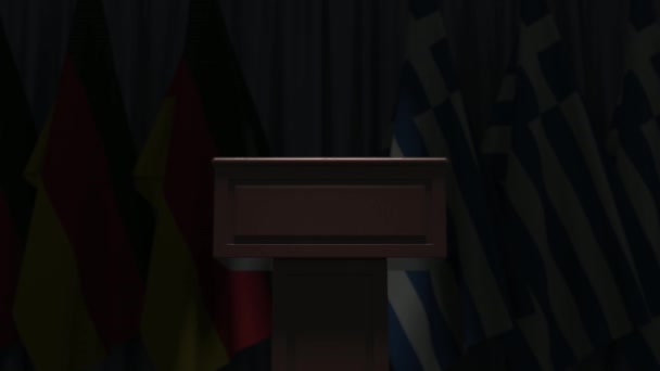 Flags of Germany and Greece and speaker podium tribune. Political event or negotiations related conceptual 3D animation — Stock Video