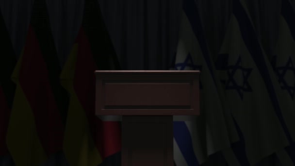 Banderas de Alemania e Israel y tribuna del podio del altavoz. Evento político o negociaciones relacionadas con la animación conceptual 3D — Vídeos de Stock