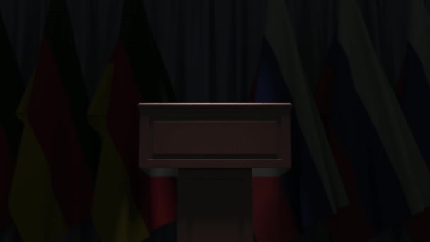Flagi Niemiec i Rosji oraz trybuna podium mówców. Impreza polityczna lub negocjacje związane z konceptualną animacją 3D — Wideo stockowe