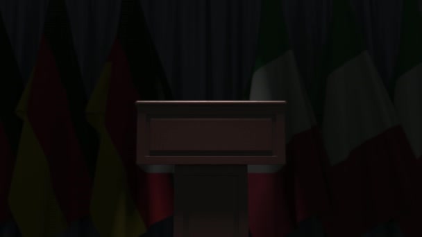 Almanya ve İtalya bayrakları ve hoparlör tribünü. Siyasi olay veya müzakerelerle ilgili kavramsal 3D animasyon — Stok video