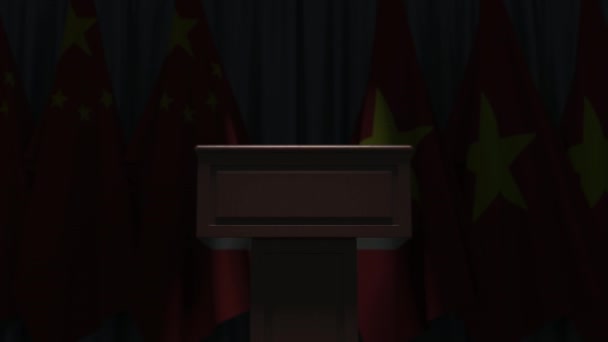 Drapeaux de Chine et du Vietnam et tribune haut-parleur podium. Evénement politique ou négociations liées à l'animation 3D conceptuelle — Video