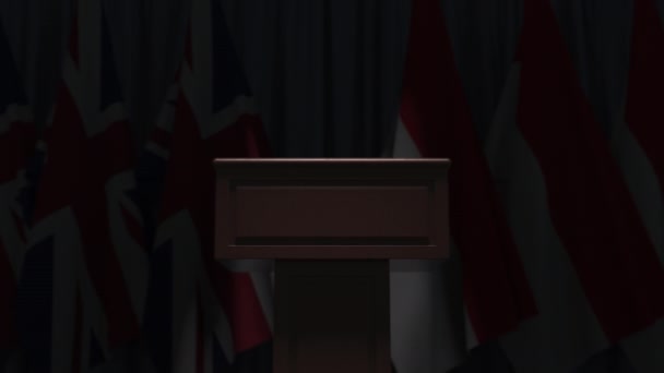 Endonezya ve Birleşik Krallık bayrakları ve tribün, 3D animasyon — Stok video