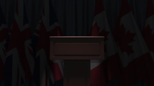 Σειρά σημαιών του Καναδά και του Ηνωμένου Βασιλείου και ομιλητής tribune, εννοιολογική 3d animation — Αρχείο Βίντεο