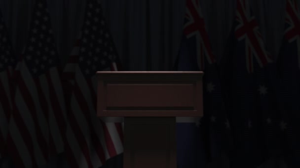 Flags of Australia and the USA at international meeting, 3D animation — ストック動画