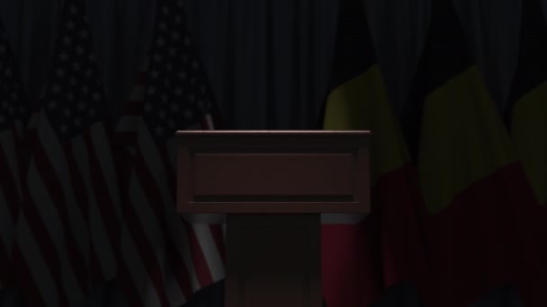 Flaggen Belgiens und der USA und Tribüne, 3D-Animation — Stockvideo