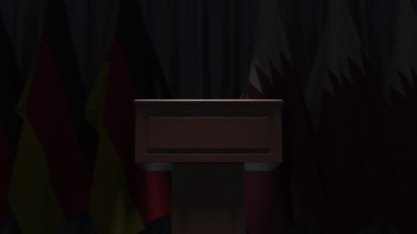 Rangée de drapeaux du Qatar et de l'Allemagne et tribune haut-parleur, animation 3D conceptuelle — Video