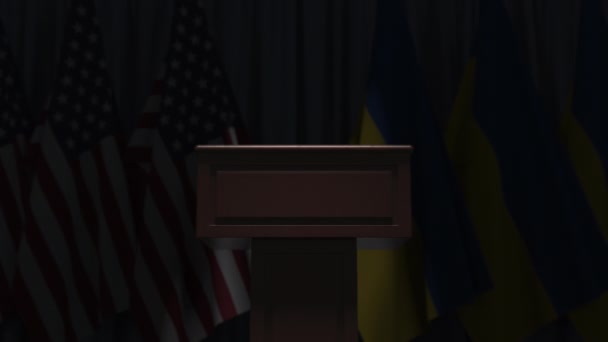 Bandeiras da Ucrânia e dos EUA em reunião internacional, animação 3D — Vídeo de Stock