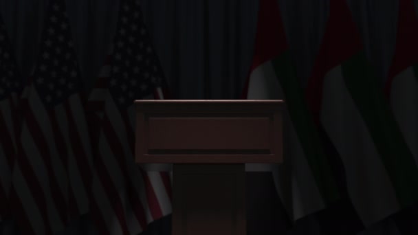Flags of the UAE and the USA at international meeting, 3D animation — Stock Video