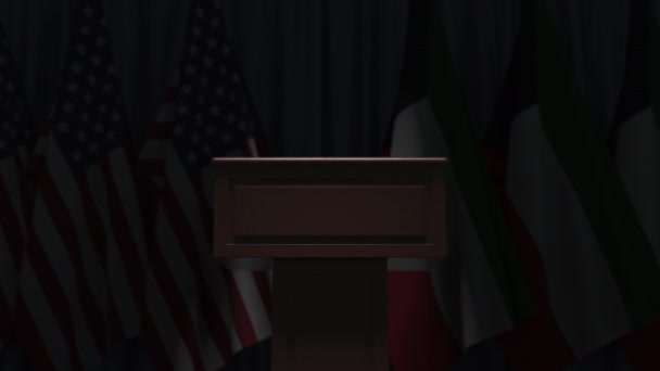 Flaggor i Kuwait och USA på internationellt möte, 3D-animation — Stockvideo