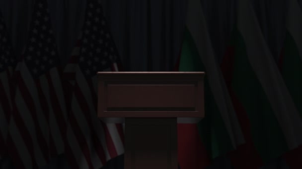 Many flags of Bulgaria and the USA behind speaker tribune, 3D animation — ストック動画