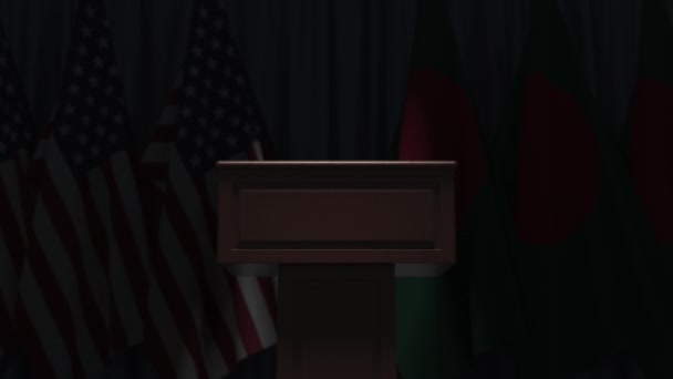 Vlajky Bangladéše a USA na mezinárodním setkání, 3D animace — Stock video