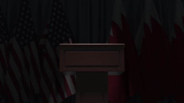 Many flags of Bahrain and the USA behind speaker tribune, 3D animation — Stock Video