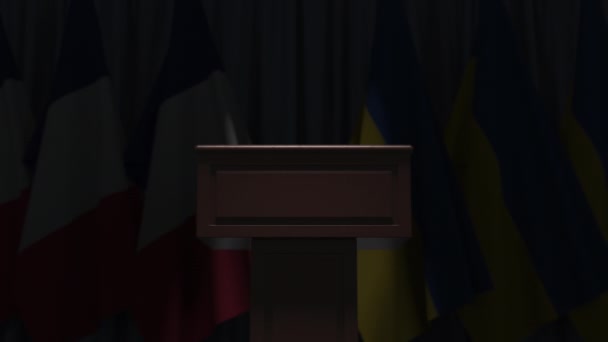 Flaggor i Ukraina och Frankrike vid internationellt möte, 3D-animation — Stockvideo