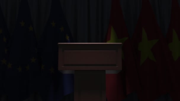 Flags of Vietnam and the European Union at international meeting, 3D animation — Stock Video