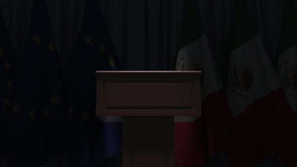 Many flags of Mexico and the EU behind speaker tribune, 3D animation — Stock Video