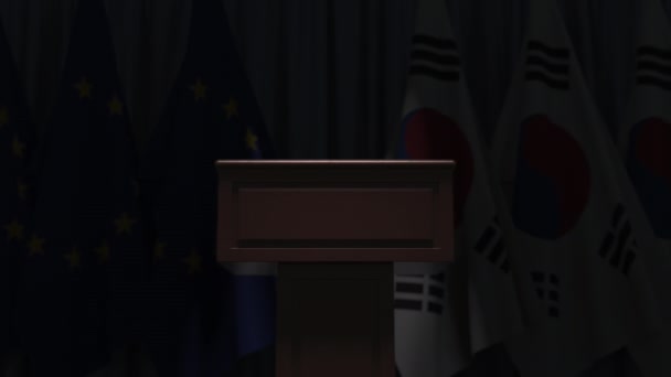 Muitas bandeiras da Coreia do Sul e da União Europeia EU, animação 3D — Vídeo de Stock