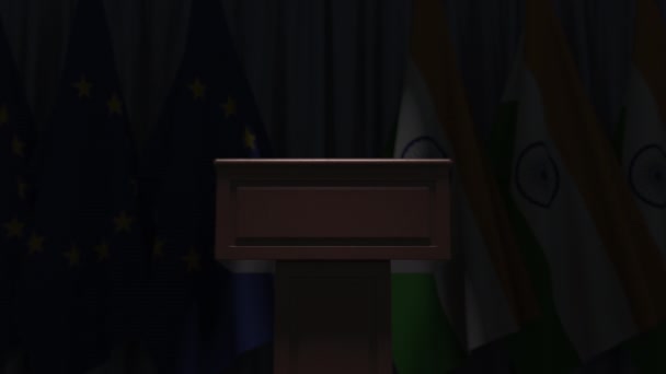 Hindistan ve Avrupa Birliği bayrak sırası ve konuşmacı tribünü, kavramsal 3d animasyon — Stok video