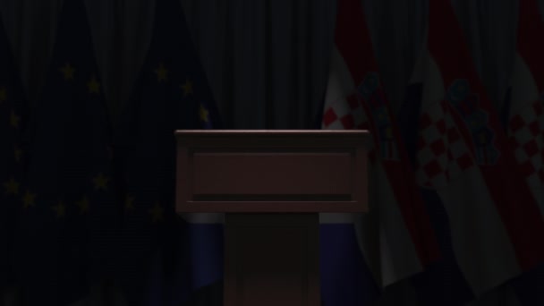 Fila de bandeiras da Croácia e da União Europeia UE e tribuno orador, animação 3D conceitual — Vídeo de Stock