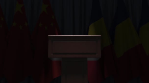 Флаги Румынии и Китая на международной встрече, 3D анимация — стоковое видео