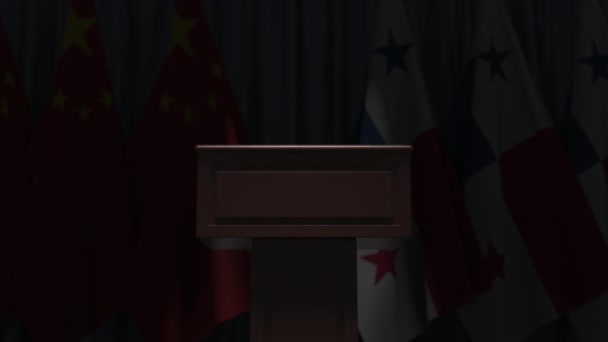 Panama ve Çin bayrak sırası ve konuşmacı tribünü, kavramsal 3D animasyon — Stok video