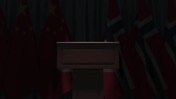 Прапори Норвегії та Китаю на міжнародній зустрічі, 3 д анімації — стокове відео