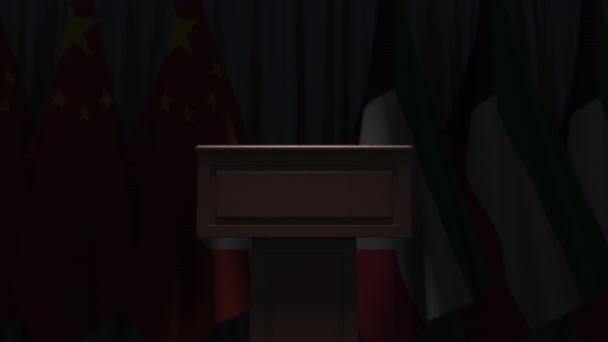 Флаги Кувейта и Китая на международной встрече, 3D анимация — стоковое видео