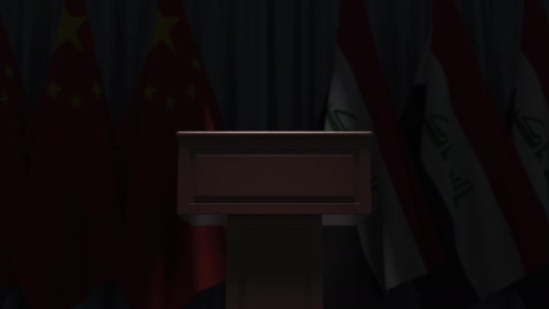 Uluslararası toplantıda Irak ve Çin bayrakları, 3D animasyon — Stok video
