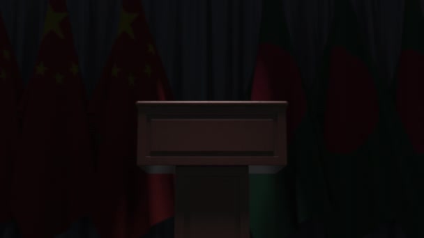 Flaggen aus Bangladesh und China bei internationalen Treffen, 3D-Animation — Stockvideo