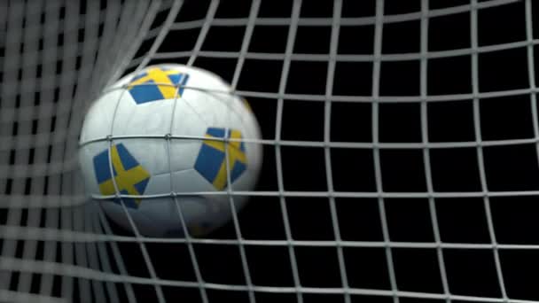 Ball with flags of Sweden in goal against black background. Conceptual 3D animation — ストック動画