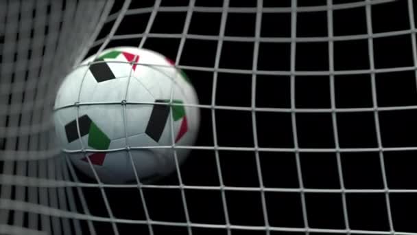 Bola com bandeiras do Sudão em gol contra fundo preto. Animação 3D conceitual — Vídeo de Stock