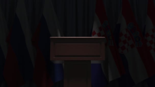Fila de banderas de Croacia y Rusia y tribuna y orador, animación 3D conceptual — Vídeo de stock
