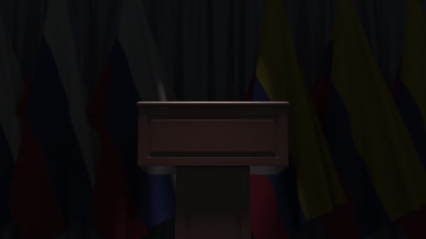 Banderas de Colombia y Rusia y tribuna, animación 3D — Vídeo de stock