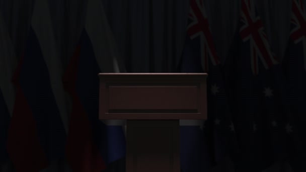Uluslararası toplantıda Avustralya ve Rusya bayrakları, 3D animasyon — Stok video