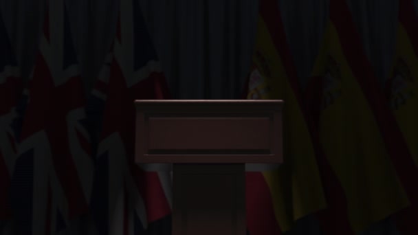 Muitas bandeiras da Espanha e do Reino Unido, animação 3D — Vídeo de Stock